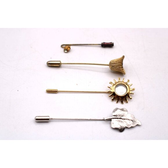 Vintage Lapel Stick Pins Set 4 Sunflower Leaf Floral Designs Gold Silver Tone - Picture 2 of 6
